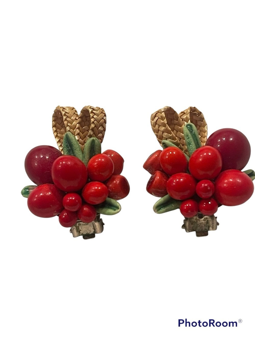 Vintage Red Bead Berry Cluster Clip-On Earrings